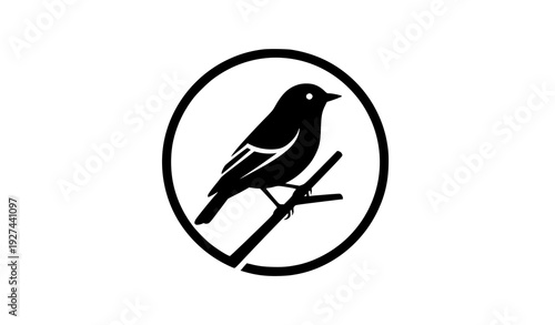 Perched small bird silhouette vector logo pictogram stencil design isolated on white background