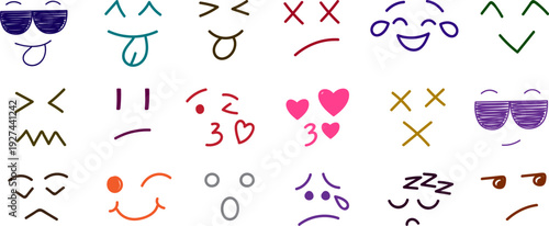 Hand drawn emoji expression icon set vector collection, colorful facial elements with eyes mouth hearts and tears