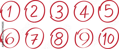 Hand drawn numbers 1 to 10 in red circles vector illustration set doodle style