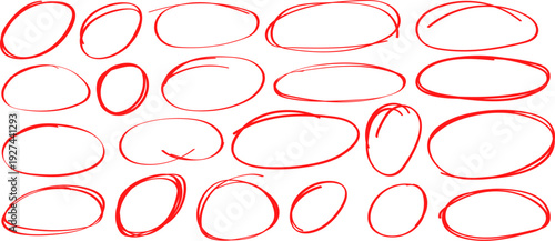 Hand drawn red circle highlight set, marker pen oval scribble collection