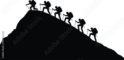Mountain climbers silhouette illustration showing group hiking uphill with backpacks teamwork challenge adventure black flat vector design for outdoor concept