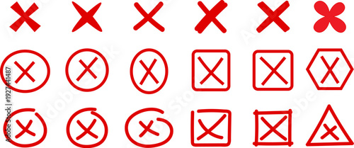 Red cross mark vector icon set collection, circle square hexagon frames for cancel delete close error design