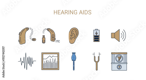 Line art icons related to hearing aids ear battery sound and testing equipment