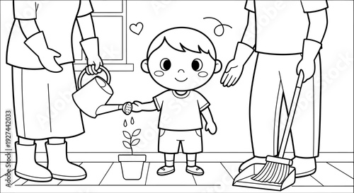 Child Watering Plant with Adult Supervision.
