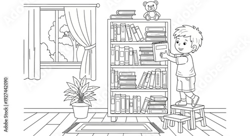 Little boy reaching for a book.