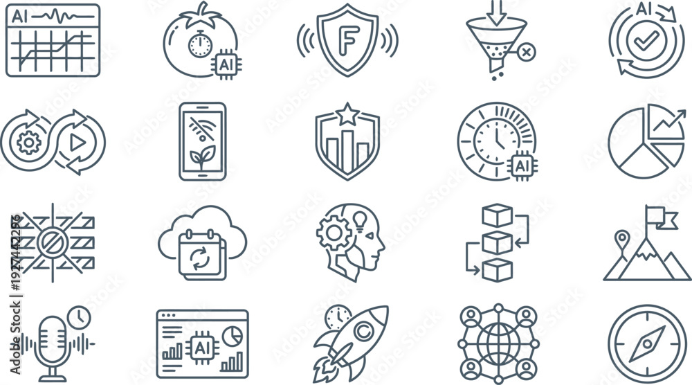 Fototapeta premium Collection of dark outline icons representing artificial intelligence, growth, technology, and business goals.