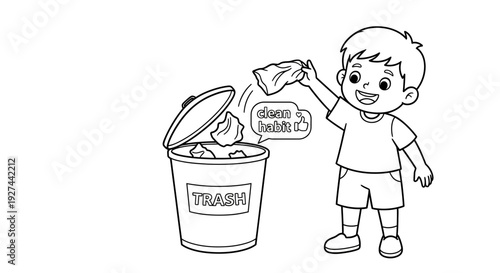Boy throwing trash into recycling bin.