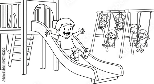 Happy child playing on slide outdoors.