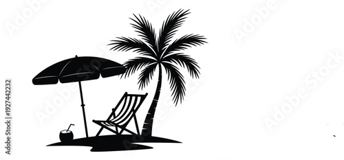 Tropical beach relaxation silhouette, minimalist vector illustration featuring umbrella chair and palm tree for summer vacation, seaside leisure, coastal travel branding, and holiday design concepts