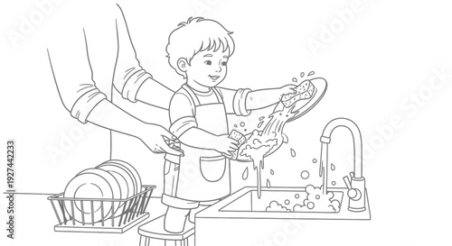 Boy Washing Dishes in Kitchen Sink.
