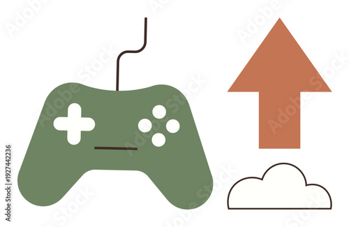 Online gaming, cloud storage, data transfer, technology innovation, gaming access, remote servers. Green gaming controller with an upward arrow and cloud graphic. Online gaming and cloud storage
