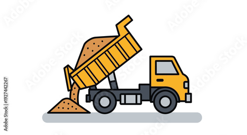 Dump Truck Unloading Sand Icon Illustration - Heavy Machinery at Construction Site