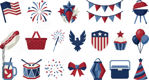 Collection of patriotic American holiday icons featuring flags food and celebratory decorations