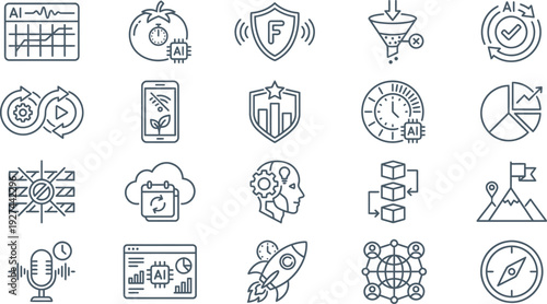 Collection of dark outline icons representing artificial intelligence, growth, technology, and business goals.