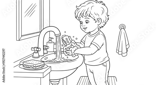 Little boy washing hands with soap.