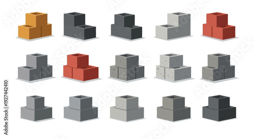 Hollow Concrete Cinder Blocks Icon Set - Isometric Construction Material Stacked Piles in Diverse Colors and Textures