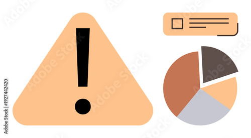 Risk management, data analysis, business insights, warnings, analytics, decision-making. Exclamation warning sign, pie chart and data dashboard. Risk management and data analysis concept
