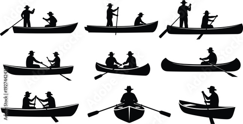Silhouette Vector of People Rowing Boats and Canoes, Collection of Figures Paddling on Water for Summer Lake Activity, Recreation, and Travel,