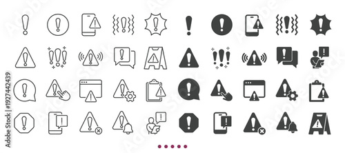 Warning icons collection. Multi series icons. Line and glyph solid web icons collection