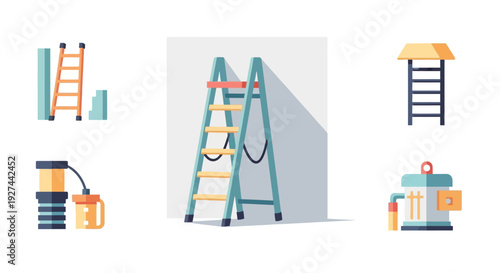 Construction and Home Improvement Flat Icons Collection: Ladders, Painting Tools, and DIY Equipment Vector Set