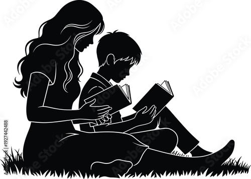 Silhouette Vector of Mother and Son Reading Books Together on Grass, Education, Learning, Parenting Love, and Storytelling for Family Growth,