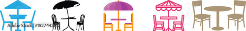 Patio Chair and Table Icon set Collection Group, Outdoor Garden Furniture with Modern Minimal Design, Editable Outline Symbol for Terrace Balcony Deck Backyard Cafe Restaurant Use.