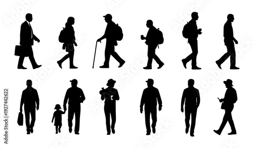 Diverse walking people silhouette set for urban and architectural design