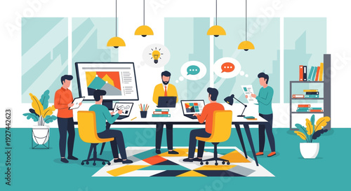 People working at office desks together.