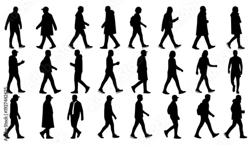 Dynamic walking people black silhouette vector set with varied attire