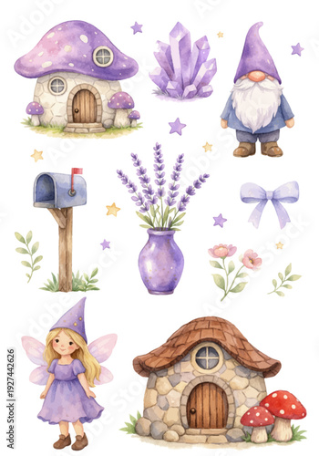 A charming watercolor collection of whimsical woodland fairy elements, featuring a sweet fairy girl, a bearded gnome, mushroom cottages, lavender blooms, crystals, and tiny stars.