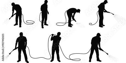 Pressure washing worker silhouettes set black and white vector illustration cleaning service power wash people poses isolated minimal flat design