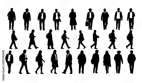 Black silhouette people walking in different directions vector collection isolated on white