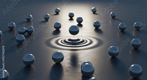 Abstract 3D rendering showcasing a central metallic sphere generating dynamic ripples on a dark, reflective surface, surrounded by numerous other polished orbs, symbolizing impact and influence