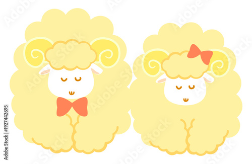 お辞儀をするオスとメスの羊のペアイラスト。仲良く挨拶する可愛い黄色のひつじのコンビ素材