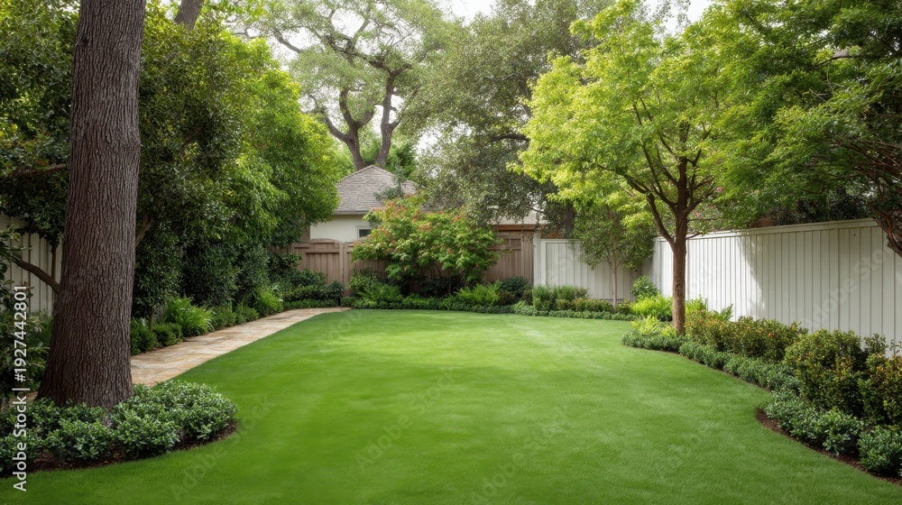 Obraz premium Lush Green Lawn Surrounded by Vibrant Trees and Shrubs in a Serene Backyard Oasis with Soft Pathway and Tranquil Garden Setting