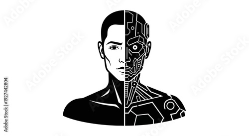 Cyborg Human Illustration Black White.