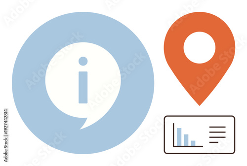 Navigation, communication, technology, data visualization, digital identity, user interface design. Blue information icon, orange location pin and ID card with chart. Navigation and communication