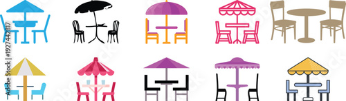 Patio Chair and Table Icon set Collection Group, Outdoor Garden Furniture with Modern Minimal Design, Editable Outline Symbol for Terrace Balcony Deck Backyard Cafe Restaurant Use.