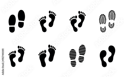 Human Footprint and Shoe Print Silhouette Collection featuring a comprehensive set of barefoot tracks, sneaker soles, and boot tread patterns, ideal for forensic themes, tracking apps, and pathfinding