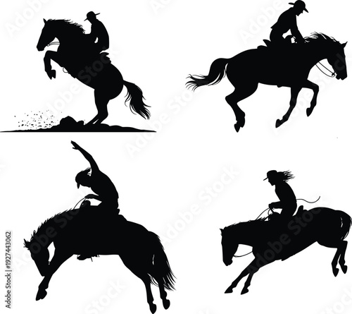 Rodeo cowboy horse rider silhouettes set showing bucking bronco action western equestrian sport black flat vector illustration collection
