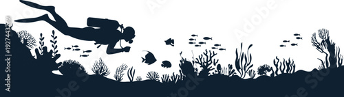 Scuba diver underwater silhouette scene with coral reef fish marine life ocean exploration adventure nature vector illustration