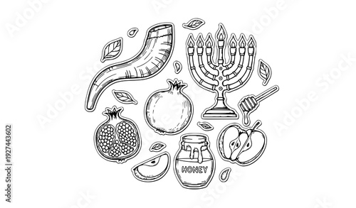 Rosh Hashanah Jewish Holiday Monochrome Doodle Sticker Set with Shofar Menorah Apple and Pomegranate Vector Illustration