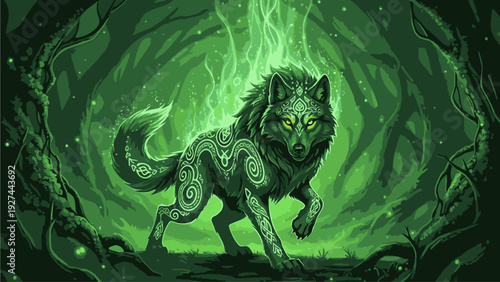 Illustration of a wolf with tribal tattoos in a green mystical forest with glowing lights and swirling patterns.