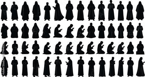 Collection of Muslim People Silhouettes Praying and Standing in Traditional Thobe and Abaya, Islamic Prayer Poses Set for Religious Design