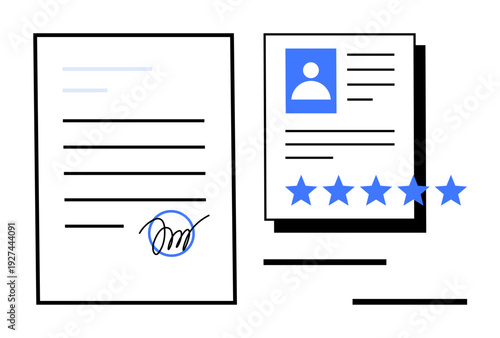 Document with signature alongside profile resume featuring star ratings. Ideal for job applications, hiring processes, candidate evaluation, talent scouting, HR management, authentication