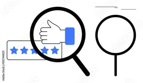 Magnifying glass focusing on a blue thumbs-up and five stars, symbolizing customer satisfaction, quality assurance, and evaluation. Ideal for reviews, analytics, trust, rating, approval inspection