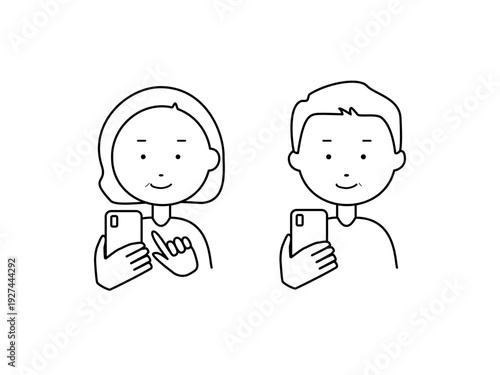 線画　スマホを触る2人 シニア