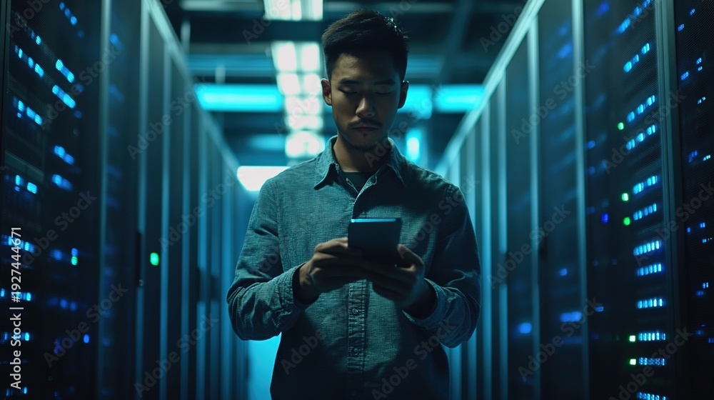 Fototapeta premium admin. A technical professional in casual attire stands against a blurred server room with cool blue lighting accents. product launch decks.