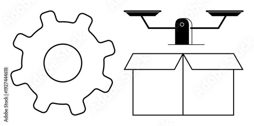 Industry, justice, logistics, balance, decision-making, manufacturing. Line art a gear, balance scales and an open box. Industry and justice concepts through symbolic outlines