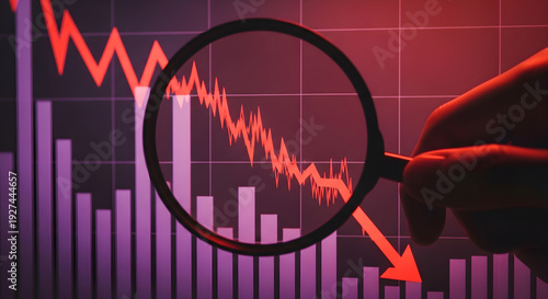 Closeup of hand holding magnifying glass over declining stock market graph